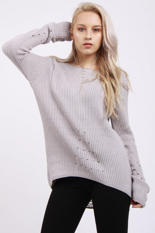 Longline Knit Jumper with Hole Sleeves Detail