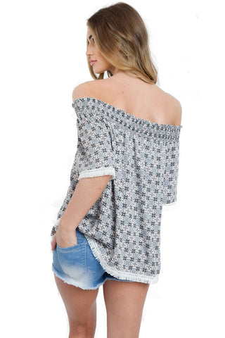 Off Shoulder Floral Print Fringed Top
