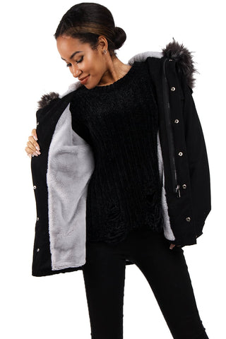 Oversized Faux Fur Trim Fleece Hooded Parka Jacket Coat