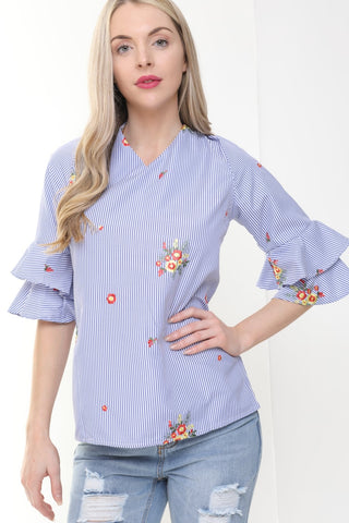 Oversized Stripe Flower Embroidered Ruffle Sleeve Bow Tie Neck Top