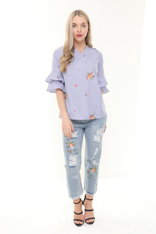 Oversized Stripe Flower Embroidered Ruffle Sleeve Bow Tie Neck Top