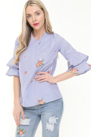 Oversized Stripe Flower Embroidered Ruffle Sleeve Bow Tie Neck Top