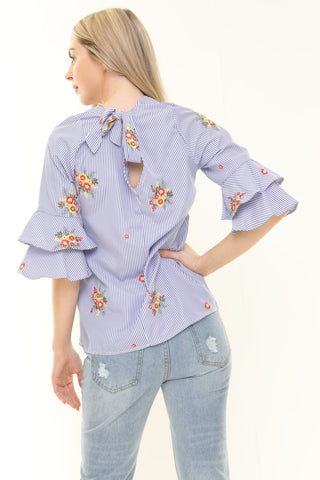 Oversized Stripe Flower Embroidered Ruffle Sleeve Bow Tie Neck Top