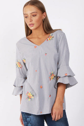 Oversized Stripe Flower Embroidered Ruffle Sleeve Bow Tie Neck Top