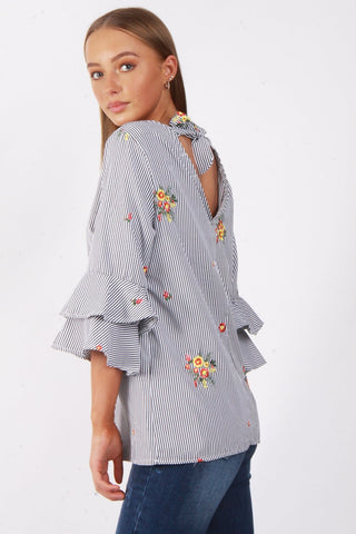 Oversized Stripe Flower Embroidered Ruffle Sleeve Bow Tie Neck Top