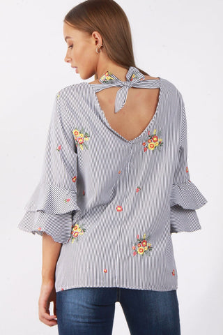 Oversized Stripe Flower Embroidered Ruffle Sleeve Bow Tie Neck Top