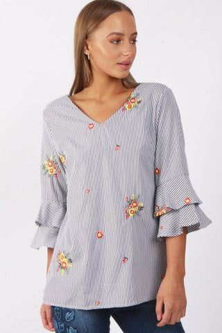 Oversized Stripe Flower Embroidered Ruffle Sleeve Bow Tie Neck Top
