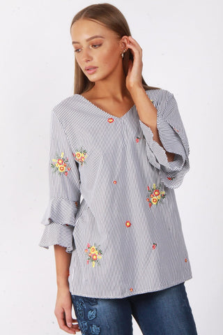 Oversized Stripe Flower Embroidered Ruffle Sleeve Bow Tie Neck Top