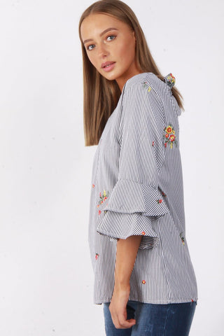 Oversized Stripe Flower Embroidered Ruffle Sleeve Bow Tie Neck Top