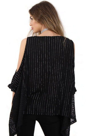 Pin Stripe Oversized Cold Shoulder Lace Insert Top