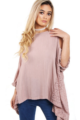 Pin Stripe Oversized Cold Shoulder Lace Insert Top