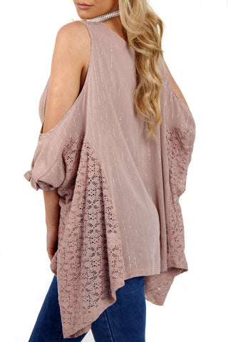 Pin Stripe Oversized Cold Shoulder Lace Insert Top