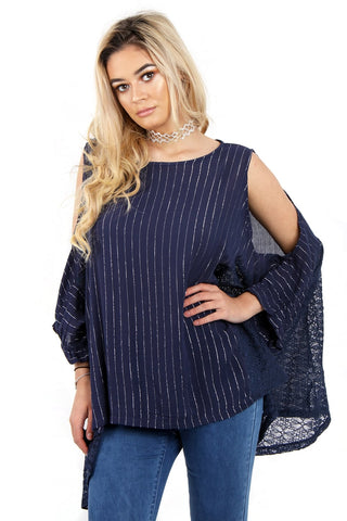 Pin Stripe Oversized Cold Shoulder Lace Insert Top