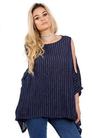 Pin Stripe Oversized Cold Shoulder Lace Insert Top