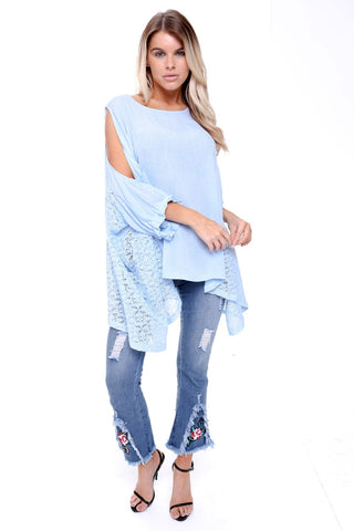 Pin Stripe Oversized Cold Shoulder Lace Insert Top
