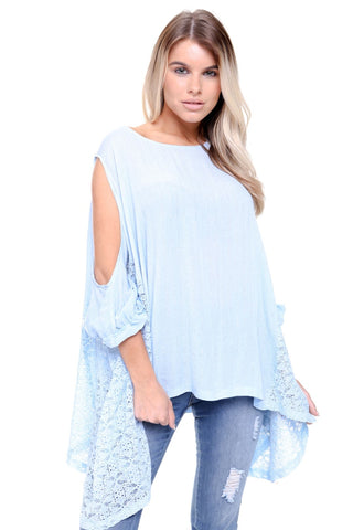 Pin Stripe Oversized Cold Shoulder Lace Insert Top