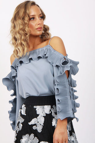 Pleated Ruffle Tie Sleeve Strappy Off Shoulder Top