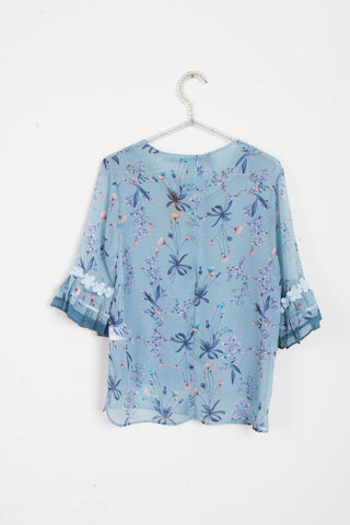 Powder Blue Floral Print Chiffon Floaty Sleeve Top