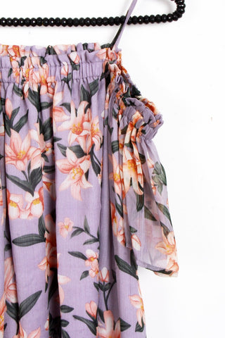 Purple Floral Print Chiffon Cami Cold Shoulder Top