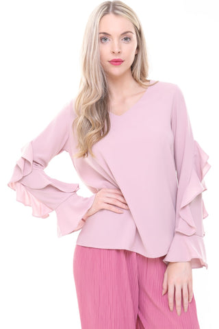 V Neck Ruffle Waterfall Sleeve Blouse Top
