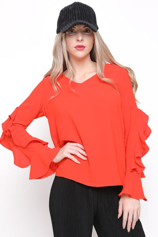 V Neck Ruffle Waterfall Sleeve Blouse Top