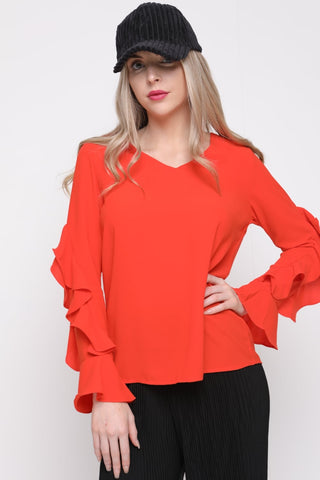 V Neck Ruffle Waterfall Sleeve Blouse Top