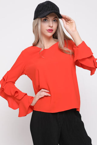V Neck Ruffle Waterfall Sleeve Blouse Top