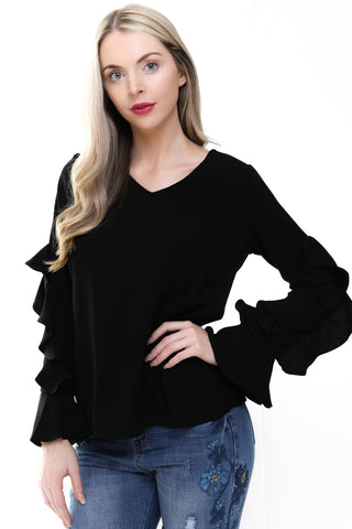 V Neck Ruffle Waterfall Sleeve Blouse Top