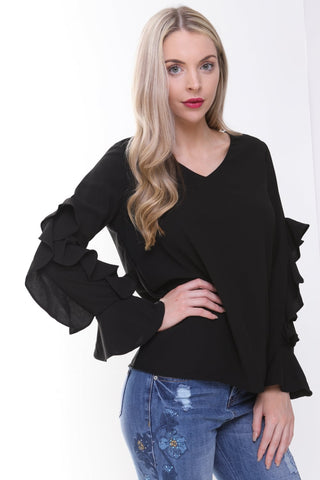 V Neck Ruffle Waterfall Sleeve Blouse Top