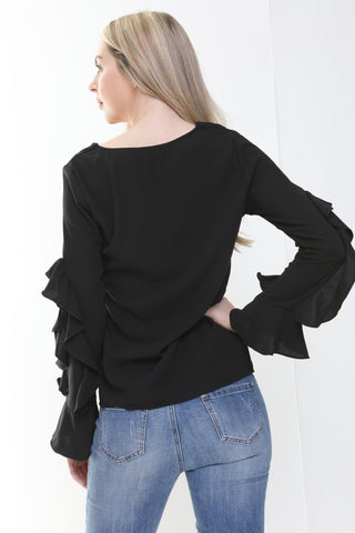 V Neck Ruffle Waterfall Sleeve Blouse Top