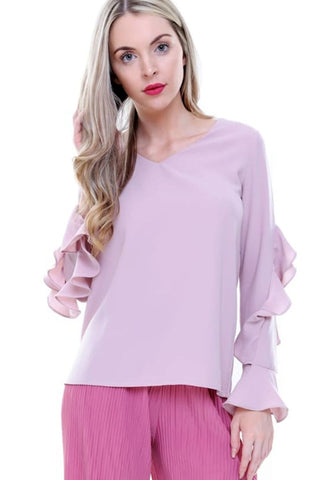 V Neck Ruffle Waterfall Sleeve Blouse Top