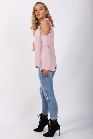 Ruffle Pleat Detail Cold Shoulder Flare Sleeve Blouse Top