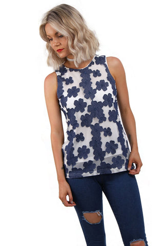 Sleeveless Floral Mesh Overlay Vest Top