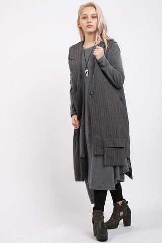 Striped Longline Sleeveless Waistcoat with Split Buttons Pockets Detail