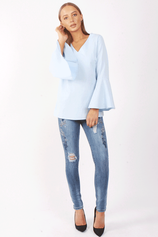 V Neck Ruffle Sleeves Flare Blouse Top