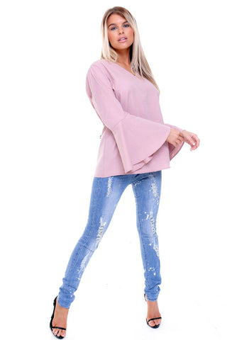 V Neck Ruffle Sleeves Flare Blouse Top