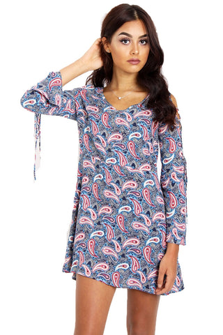 V-neck Skater Dress with Lace Up Detail Sleeves In Paisley Print