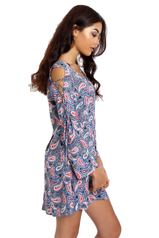 V-neck Skater Dress with Lace Up Detail Sleeves In Paisley Print