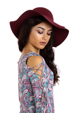 V-neck Skater Dress with Lace Up Detail Sleeves In Paisley Print