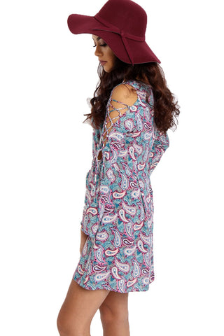 V-neck Skater Dress with Lace Up Detail Sleeves In Paisley Print