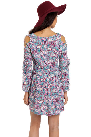 V-neck Skater Dress with Lace Up Detail Sleeves In Paisley Print