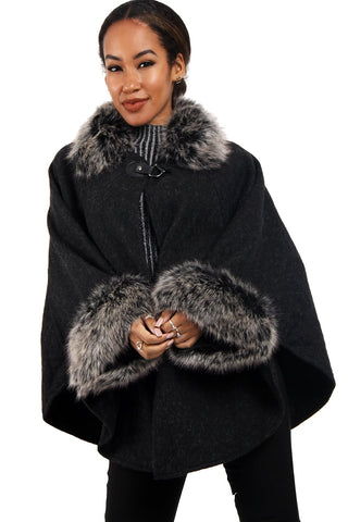 Wooly Faux Fur Collar Knitted Cape Buckle Poncho with Fur Cuffs