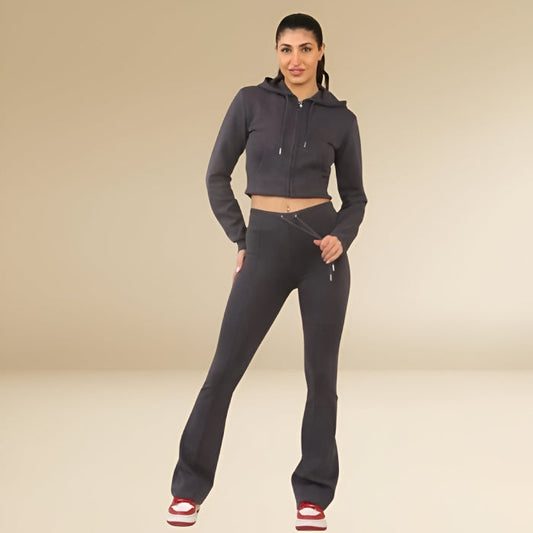 Dove Grey Cropped Hoodie & Bell Bottom Trouser Set – Chic & Comfy Loungewear