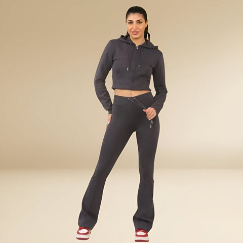 Dove Grey Cropped Hoodie & Bell Bottom Trouser Set – Chic & Comfy Loungewear