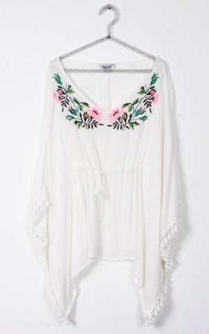 Floral Embroidery Belt Tassel Trim Kaftan Top