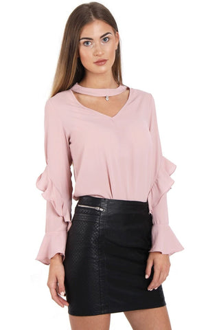 Chiffon Ruffle Sleeve Cut Out Neck Blouse Top