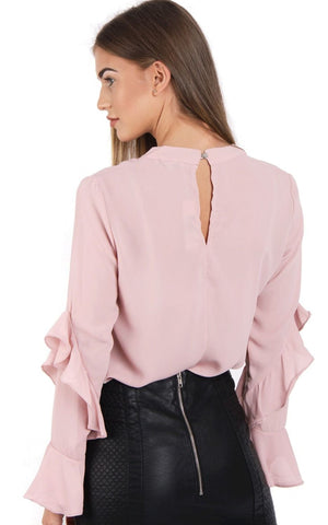 Chiffon Ruffle Sleeve Cut Out Neck Blouse Top