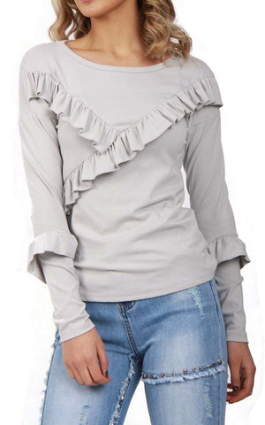 Cross Over Ruffle Detail Long Sleeve Jumper Top