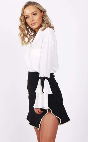 Ribbon Detail Sleeve Floaty Wrap Front Top