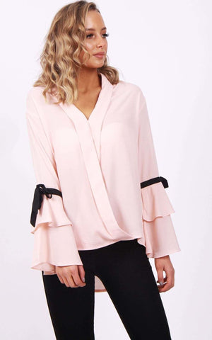 Ribbon Detail Sleeve Floaty Wrap Front Top